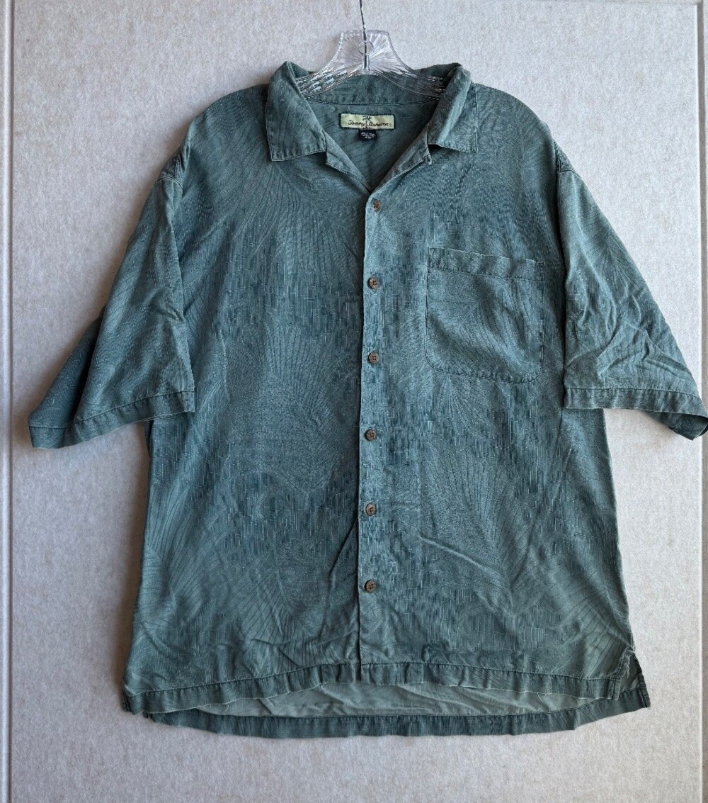 Tommy Bahama Shirt Mens L 100% Silk Blue Green Tropical Jacquard Camp Aloha